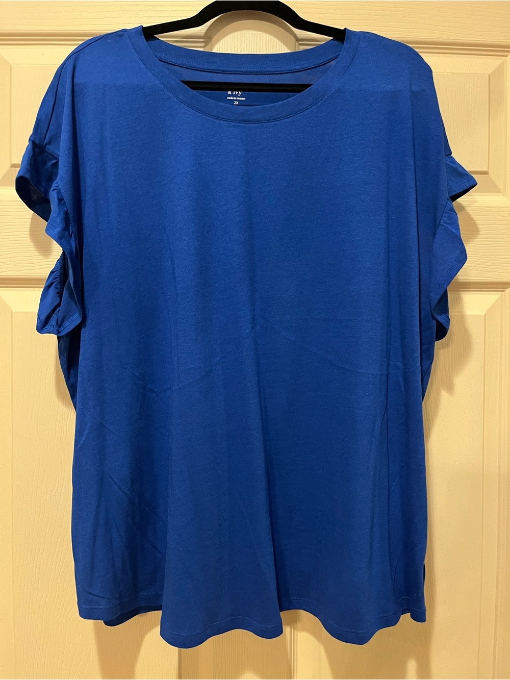 crown & ivy Royal Blue Short Sleeve Ruffle Detail Top